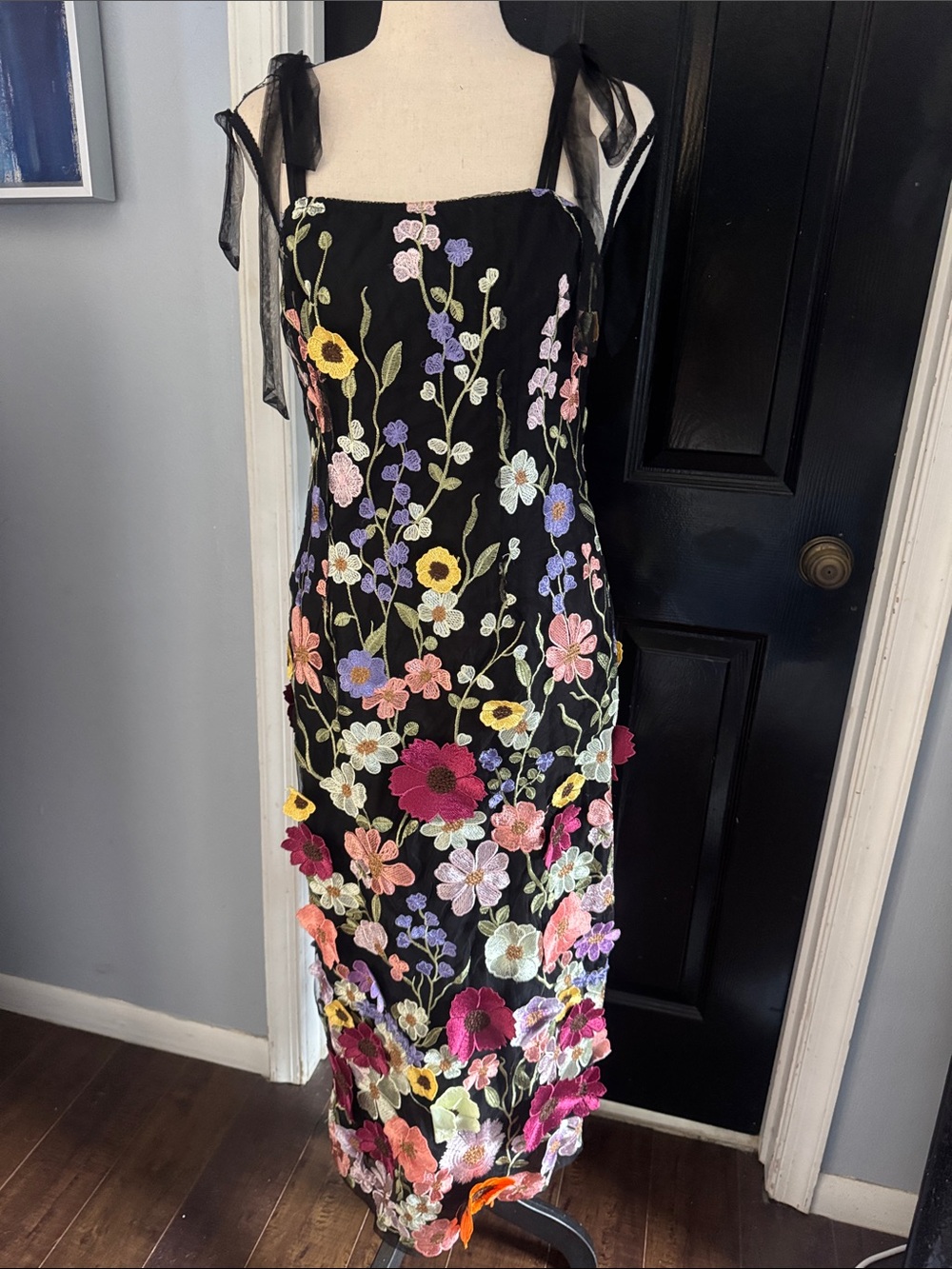 SHEIN Black Maxi Dress with 3D Floral Embroidery and Sheer Tie Straps 💕